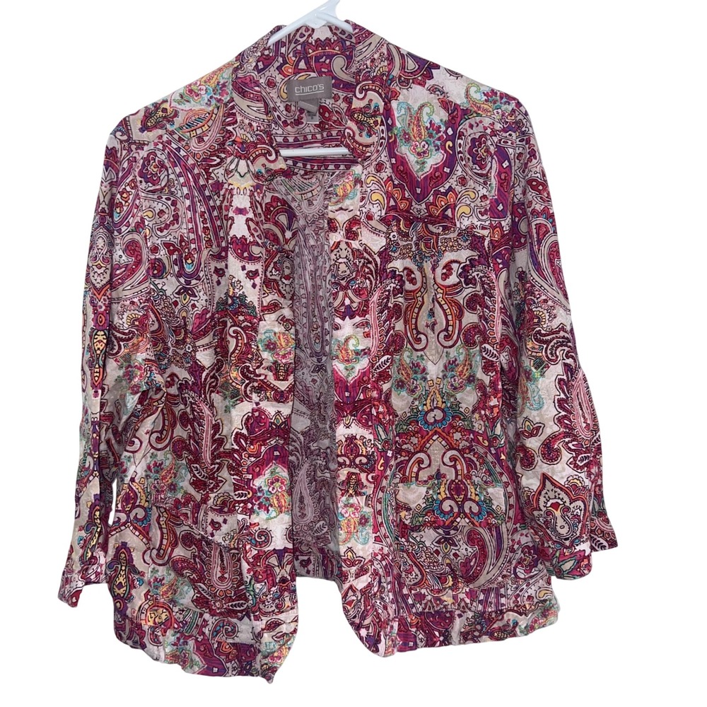 Chicos Linen Blend‎ Paisley Open Front Jacket Pink Multi Color Size 2 Large Boho